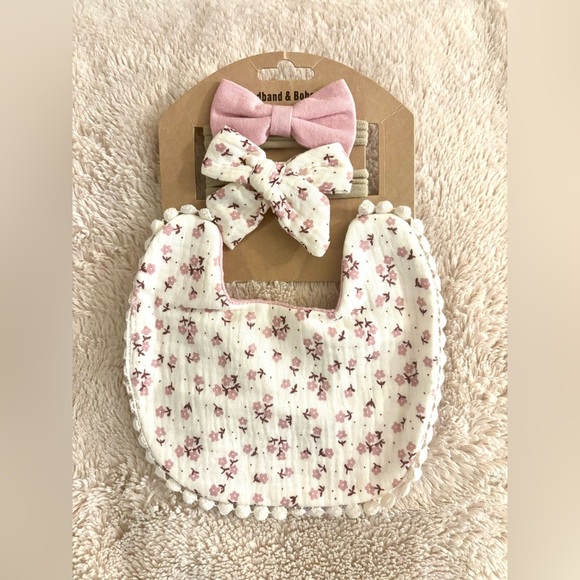 Other - Floral Pink Baby Bib and Headband Set | Boho style embroidered bib.